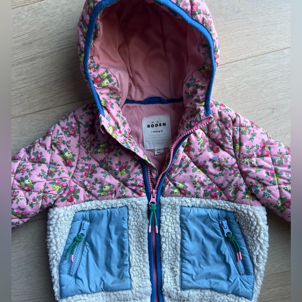 Mini Boden Pink Floral Puffer Jacket 2-3T
